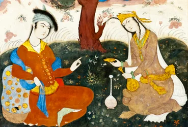 Fresco; to elskere; persisk miniatyr; Chehel Sotoun; Forti Pilars Palace; Isfahan; Iran; Asia