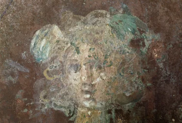 Leder av Medusa, detalj fra freskomaleri som viser Perseus, fra den gamle byen Stabiae, Castellammare di Stabia, Campania, Italia, romersk sivilisasjon (bilde)