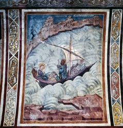 Jesus beroligende storm, freskomaleri på hvelvet til kirken i Thari-klosteret, Rhodos-øya, Hellas
