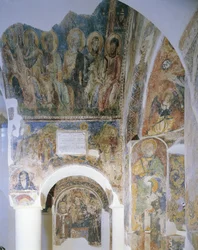 Lav vinkel visning av veggmaleri på en vegg, St. Peters kirke, Otranto, Salento, Puglia, Italia