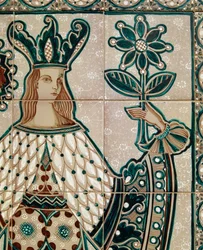 Malt majolicapanel som viser allegorisk scene, Santo Stefano di Camastra, Sicilia, Italia, Detalj