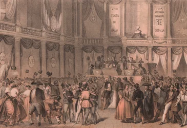 Folkeavstemning for annektering til Italia, hall ved University of Napoli, Campania, italiensk Risorgimento, litografi av Carlo Perrin fra tegning av Carlo Bossoli (1815-1884), 22x15 cm