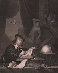 Portrett av den nederlandske maleren Gerrit Dou (1613-1675), gravering av Albert Henry Paine fra maleriet Gerrit Dou, fra Paynes Royal Dresden Gallery, av Albert Henry Payne, H Payne Dresden og Leipzig forlag, ca. 1840