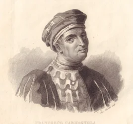 Portrett av den italienske hærføreren Francesco da Bussone, også kjent som Carmagnola (1380-1432), kobberstikk av E. Silvestri etter et maleri