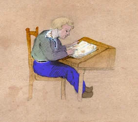 Skolegutt på jobb på skrivebordet sitt. ca 1830 (illustrasjon)