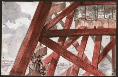 Turister på trappene til Eiffeltårnet, Paris. Kokker lager mat i restauranten i første etasje. 1889 (illustrasjon)