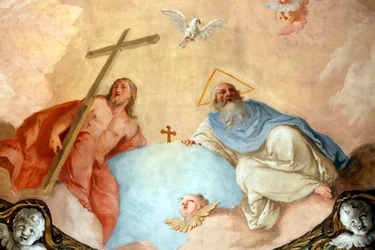 Udine katedral. Hellig treenighet. Faderen, Jesus og Den Hellige Ånd. Maleri. Italia.