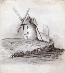 Vindmølle i Normandie, Frankrike. ca 1830 (illustrasjon)