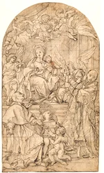 Den tronende Madonna med barnet, flankert av engler og de hellige Karl Borromeus og Ignatius av Loyola
