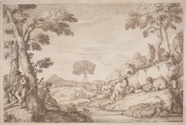 En pastoral reise med en gutt som spiller sin fløyte ved et tre