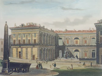 Innvendig gårdsplass i Palazzo Pitti, Firenze, gravert av Johann Falkeisen (1804-83) og fargelagt av L. Cherbuin, ca. 1842 (akvatint)