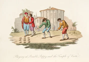 Spiller på Bumble Puppy og Temple of Vest, fra Italian Scenery, som representerer manerer, skikker og fornøyelser i de forskjellige statene i Italia, pub. 1806 (håndfarget gravering)