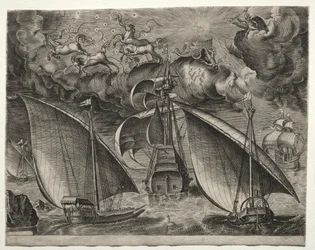 Seilfartøy: To bysser som seiler bak en væpnet tremester med Phaeton og Jupiter i himmelen
