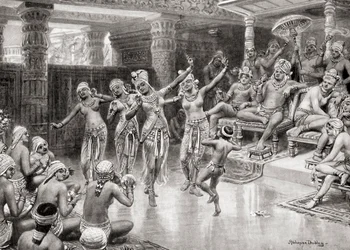Et kunstnerinntrykk fra 1800-tallet av Gautamiputra Satakarani som feirer sin seier over Nahapana, fra Hutchinsons History of the Nations, pub.1915