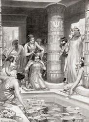 Gjester som ankom middag i det gamle Egypt fikk vann for å vaske føttene og hendene, salvet med duftende olje og kronet med blomsterkranser, fra Hutchinsons History of the Nations, pub