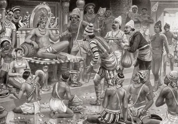 Pulakeshin II, Chalukaya, mottar utsendinger fra Persia ved Badami, fra Hutchinsons History of the Nations, pub.1915