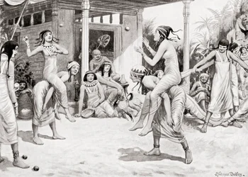 Unge jenter som spiller ball i form av en dans i det gamle Egypt, fra Hutchinsons History of the Nations, pub.1915