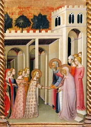 Jomfru Maria med St Joachim og St Anne, detalj av altertavlen som viser Stories of Virgin av Bartolo di Fredi (1330-1410)