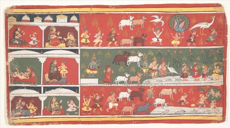 Bakasura, trandemonen, ankommer Brindavan: Side fra en spredt Bhagavata Purana (gamle historier om Lord Vishnu)