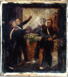 Til de fire sersjantene i La Rochelle. Vertshusholderens skilt. Boulevard Beaumarchais 3, 4. arrondissement, Paris