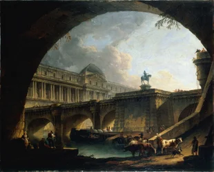 Arkitektonisk lune: et palass inspirert av Louvre og Pont-Neuf innrammet i en brobue