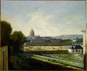 Marmordepotet og promenaden foran svingbroen over Tuileriene, før byggingen av Place Louis XV, rundt 1750, nåværende 1. arrondissement.
