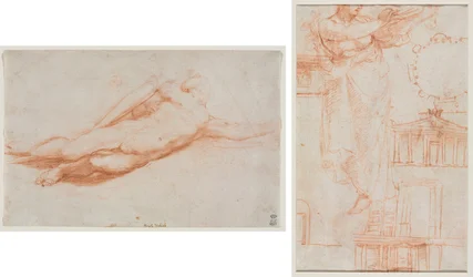 Studie av en fallen soldat (muligens omvendelsen av Saul) (recto); En drapert kvinneskikkelse (muligens en Amazonas) og arkitektoniske studier (verso)