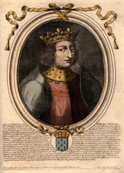 Portrett av Ludvig X Hutin (1289 - 1316), konge av Frankrike - Ludvig X (1289-1316) den sta, konge av Frankrike og Navarra - gravering fra 'Les Augustes Representations de tous les Kings de France fra Pharamond til Louis XIV', Paris