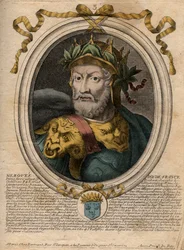 Portrett av Merovee eller Merovech, frankkonge (v448-v458), første konge av den merovingerske rase - Portrett av Merovech (Meroveus) (d456) Kongen av de saliske frankerne - gravering fra 