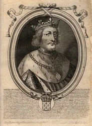 Portrett av Philippe VI av Valois (1294 - 1350), konge av Frankrike - Filip VI av Valois (1293-1350) Konge av Frankrike - gravering fra 'Les Augustes Representations de tous les Kings de France fra Pharamond til Louis XIV', Paris