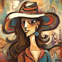 Maleri av en vakker moderne dame med hatt, Wall Art | Lerretstrykk