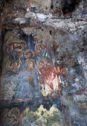 Kristus og engler, freskomaleri i den bysantinske kirken Agios Constantinos og Agia Eleni, Voukolies, Kreta, Hellas (bilde)
