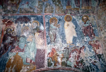 Kristus og helgener, freskomaleri i den bysantinske kirken Sotiras Christos, Vlithias, Kreta, Hellas (bilde)