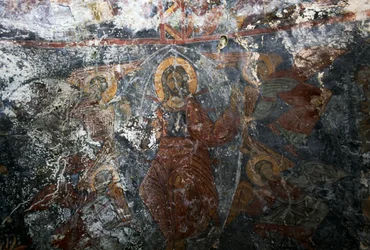 Kristus med engler og helgen, freskomaleri i kirken Panagia, Kitiros, Kreta, Hellas (bilde)