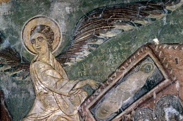 Fresker med engel i Church of Metamorphosis tou Sotiros, Kefali, Kreta, Hellas (bilde)