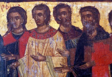 Mannsfigurer, trepanel i den bysantinske kirken Palea Roumata, Kreta, Hellas (bilde)