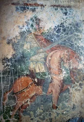 Mann på hesteryggen med sverd, freskomaleri i den bysantinske kirken Agios Athanasios, Kefali, Kreta, Hellas (bilde)