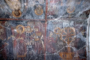 Freskomaleri med religiøst tema, av Ioannis Pagomenos, freskomaleri i den bysantinske kirken St George, Anidri, Kreta, Hellas (bilde)