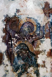 Hellige, skadet freskomaleri i den bysantinske kirken Agios Constantinos og Agia Eleni, Voukolies, Kreta, Hellas (bilde)