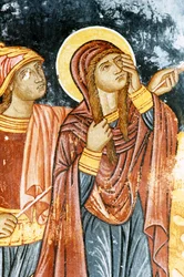 St Longinus og Mary, korsfestelsesscene, freskomaleri i Mikro Sotiris kloster, Symi-øya, Hellas (bilde)
