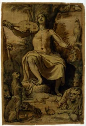 Orpheus fortryller dyrene med musikken til en fiolin. Tegning av Federico Zuccari (1542 - 1609).