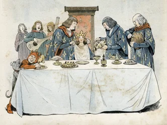 En liten jente med krone sitter på en trone ved et bankettbord. En stor esong skjenket ham en drink, en stor kurvmaker skar brød og en stor kammerherre bandt et håndkle rundt halsen hans. Trubadurer og en dverg underholder henne. Allegori om Frankrikes øko