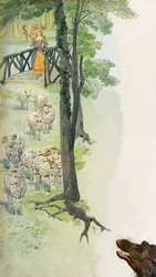 Bergere holder sauene sine (sauer og belierer) på landet, under en ulvs truende blikk - Illustrasjon av Job (Jacques Marie Gaston Onfroy de Breville) (1858-19131) for boken «La Cantiniere» av G. Montorgueil, cirka 1900