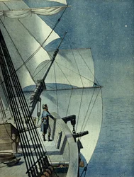 Egyptfelttoget (1798-1801): returen fra Alexandria om bord på fregatten «La Muiron», Napoleon I Bonaparte (1769-1821) betrakter alene på skipets bro Middelhavet om natten