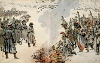 Felttoget i Russland (1812): Under tilbaketoget fra Russland beordret Napoleon I Bonaparte (1769-1821) at flagg og ørner skulle brennes for å hindre fienden i å få tak i dem. I «Napoleon» av Georges Montorgueil. Illustrasjon av Jacques Marie Gaston Onfray.