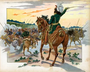 Under det russiske felttoget rykket Joachim Murat (1767-1815) alene frem mot kosakkene og plasserte dem bak ved sin tilstedeværelse alene. Gravering av Jacques Marie Gaston Onfray de Breville dit Job (1858-1931)