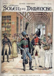 Hver sin blomst. En soldat kjøpte blomster av en selger i et overbygd galleri i Paris i 1816. Fra en akvarell av Mr. Job. Gravering i «Le sun-du-dimanche», LE 1 JANUAR 1899.