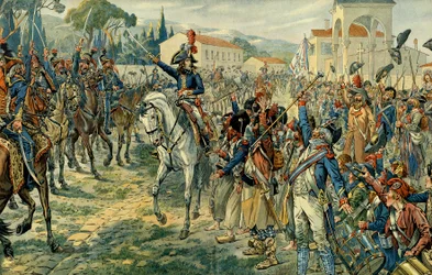 Første italienske felttog (1796-1797): Napoleon I Bonaparte (1769-1821) inspiserte den italienske hæren i Nice 27. mars 1796. Illustrasjon av Jacques Marie Gaston Onfray de Breville, kalt JOB (1858-1931). Privat samling