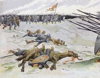 Franco-English War (1202-1214): soldiers who died at the Battle of Bouvines on 27/07/1214 which opposed the French army of Philippe Auguste to the Flemish and Welfs of Othon IV. in “France, its story told by G. Montorgueil, imagee by Job”” 1896. Private co