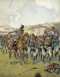Tysk felttog i 1813: Napoleon I Bonaparte (1769-1821) i slaget ved Lutzen 2. mai 1813 kommanderte hæren hans før han vant seier. I "" Napoleon"" av Georges Montorgueil. Illustrasjon av Jacques Marie Gaston Onfray de Breville dit JOB (1858-1931)
